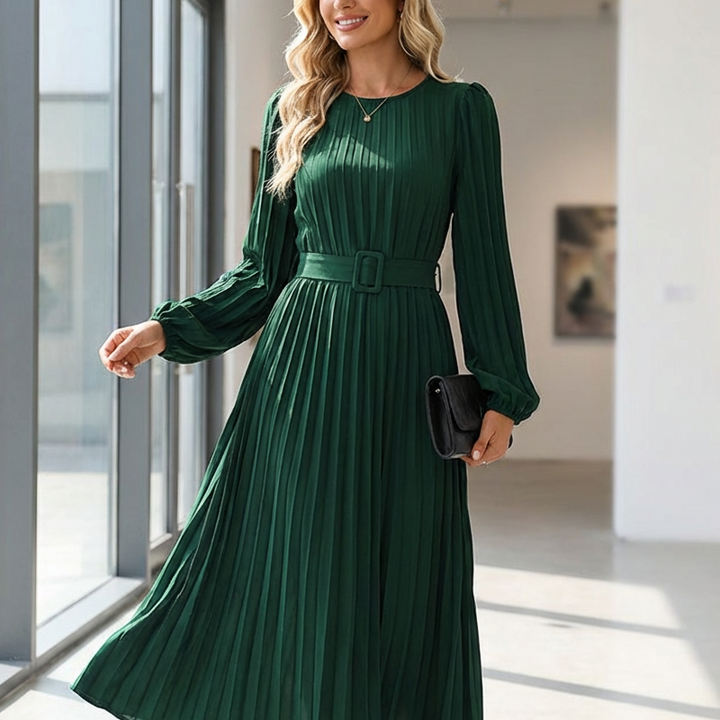 Élégante robe mi-longue à manches longues et plissée, avec ceinture